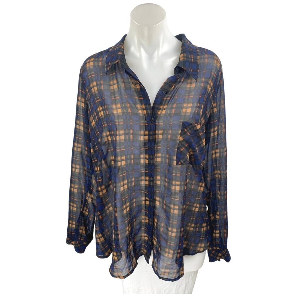 Forever 21 Women's Long Sleeve Plaid Sheer Mesh Button Up Shirt Top Size 1X